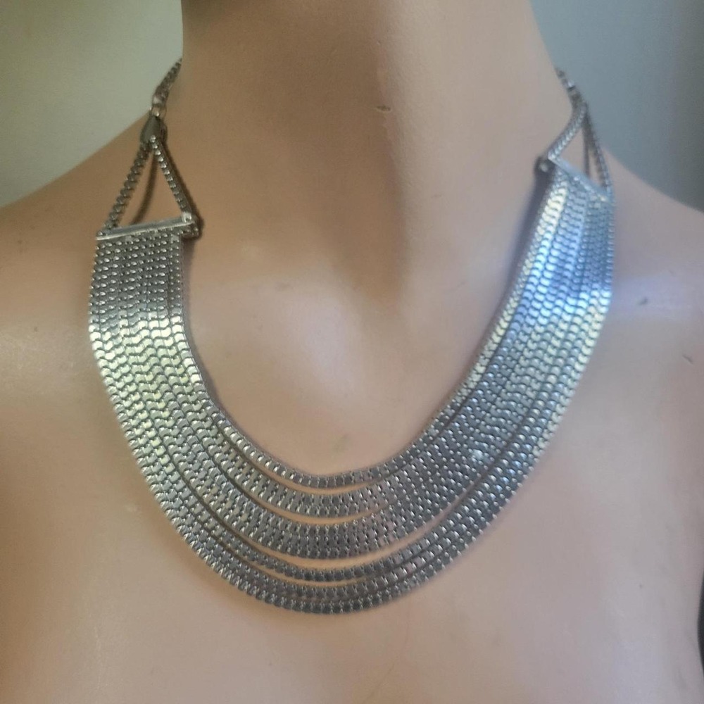 Vintage Silver Tone Multi Strand Layered Box Chain Bib Necklace 18-21" Cybercore